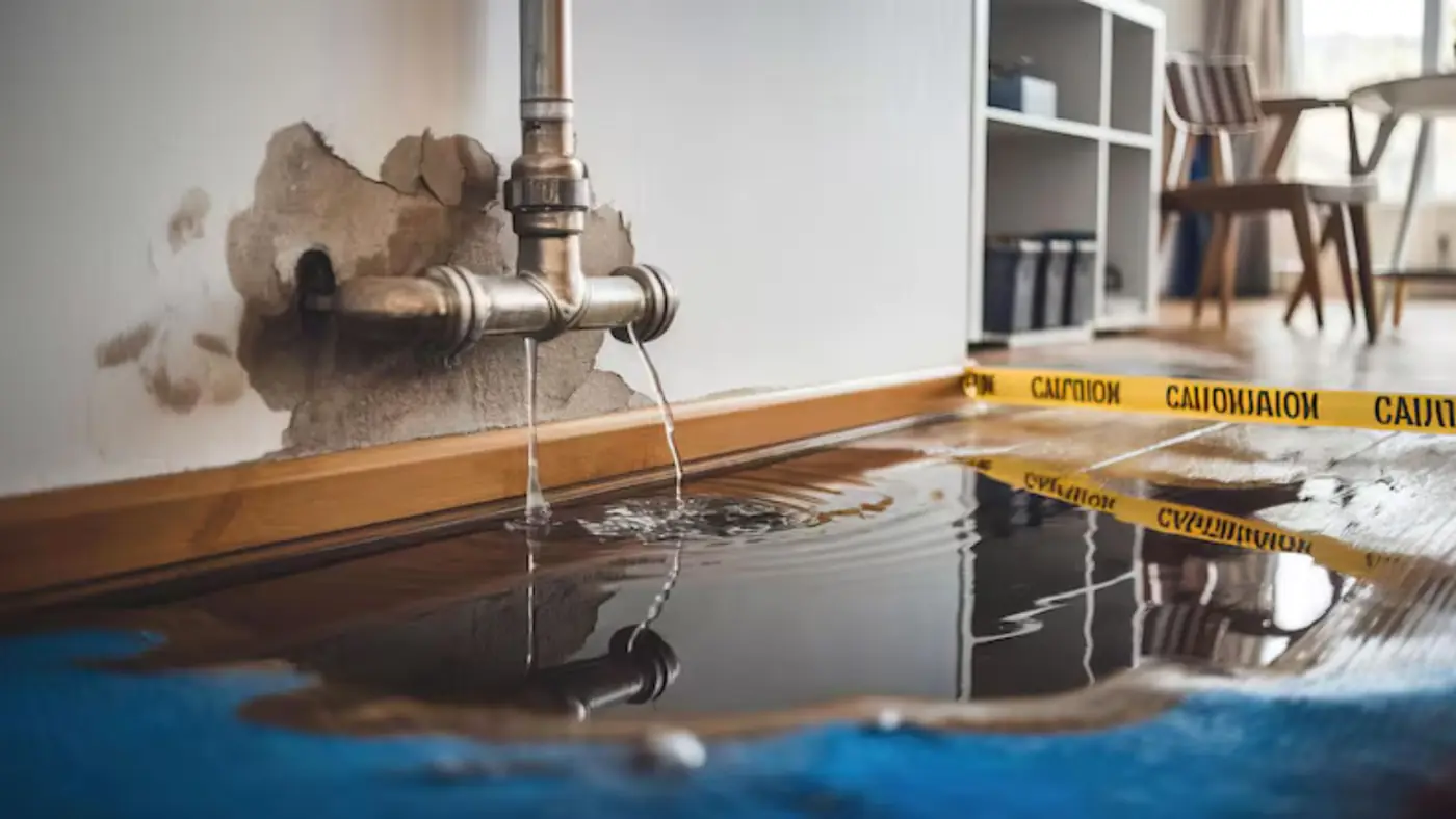 Water spraying from a pipe at the base of a wall onto a floor ringed with caution tape
