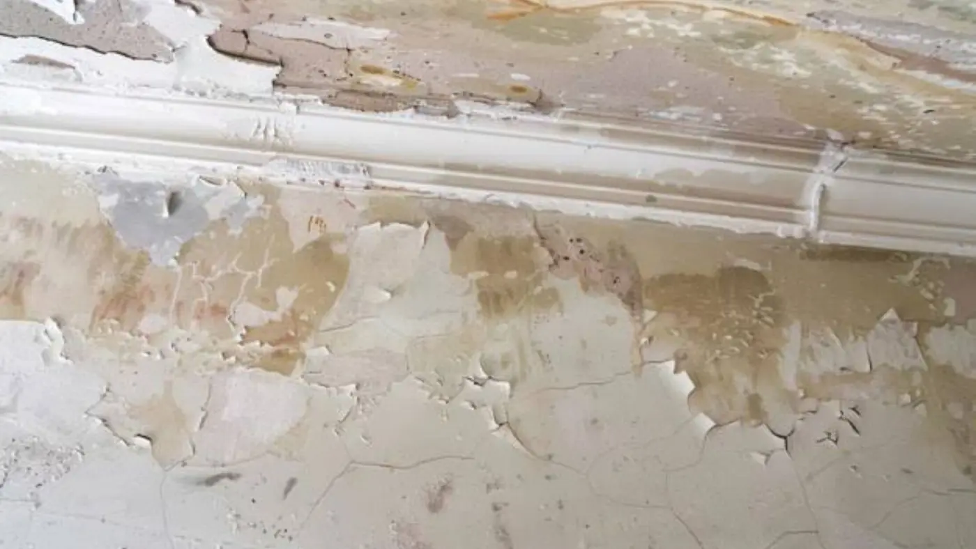 Water-stained wall above a baseboard with peeling paint