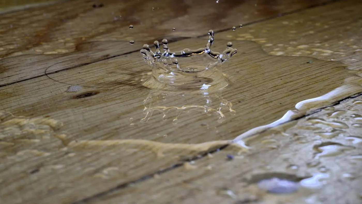 Water pooling and beading on a wood plank floor