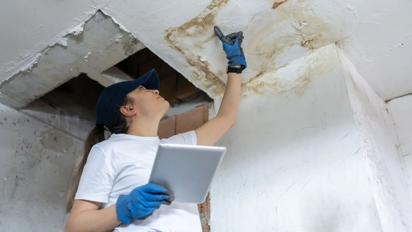 Inspector holding a tablet and pointing at a water-stained opening in a ceiling