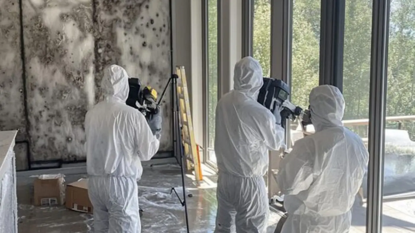 Three workers in white suits documenting mold on a wall in a large room