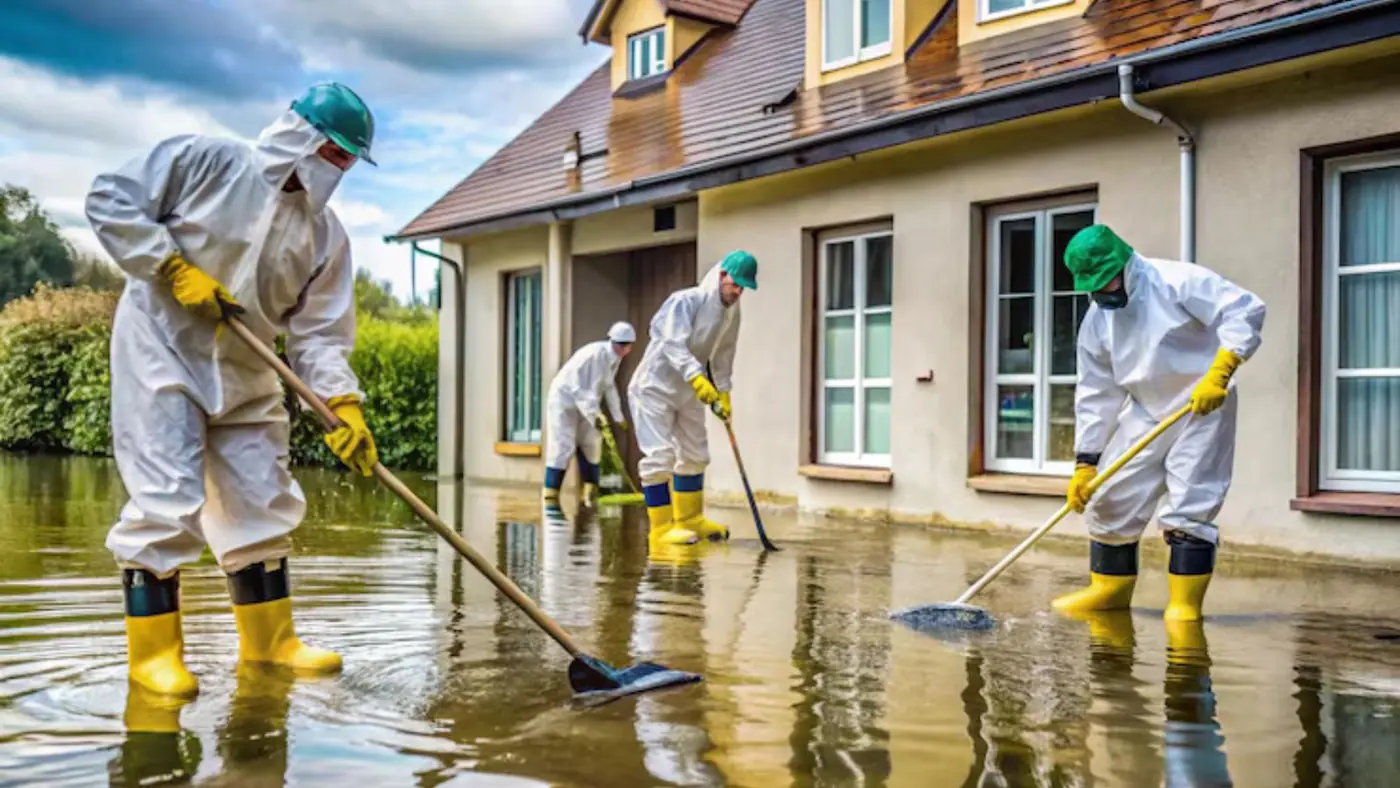 Crew in white protective suits and yellow boots working in floodwater around a house