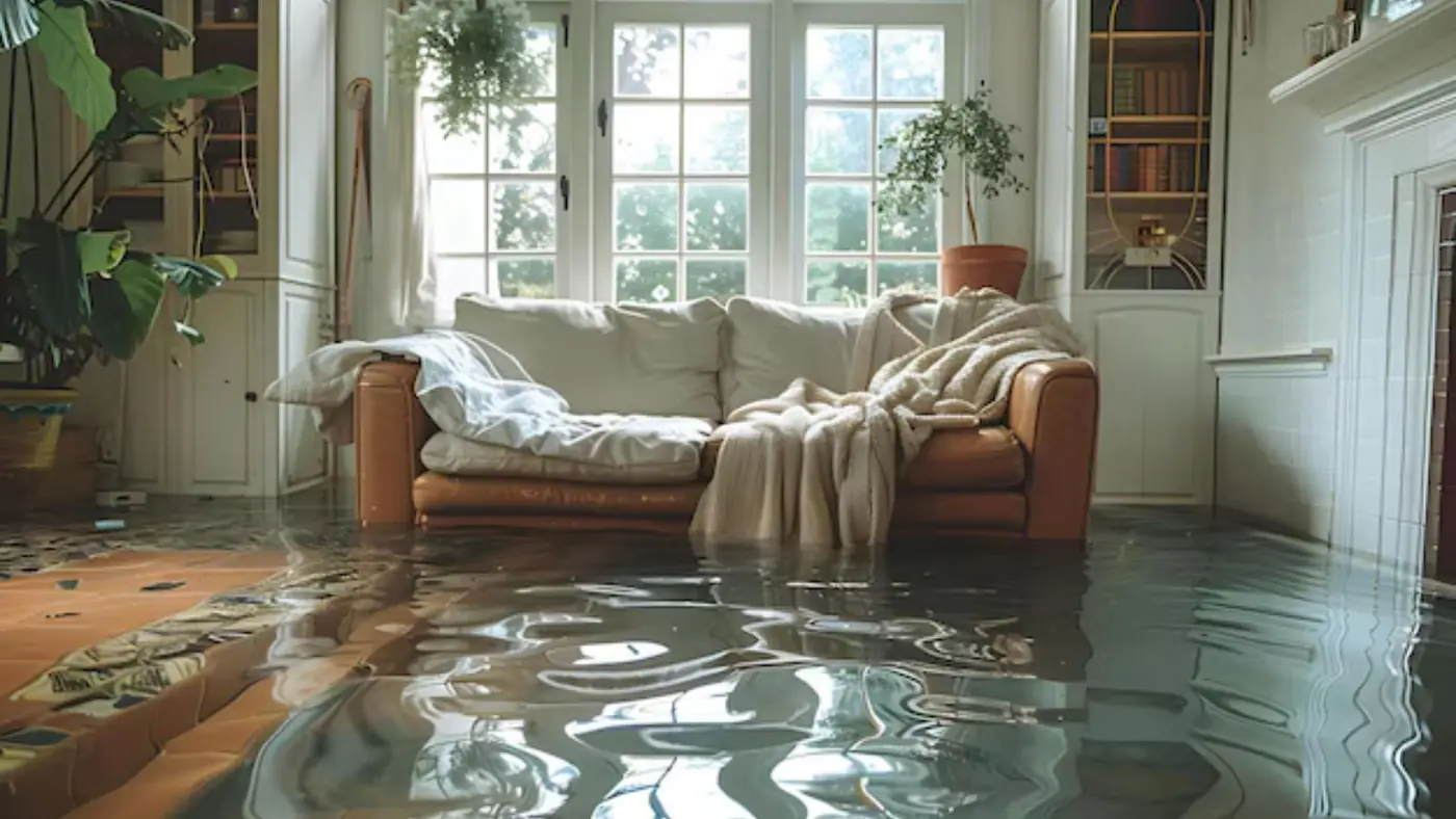 White sofa and potted plants in a living room with water covering the floor
