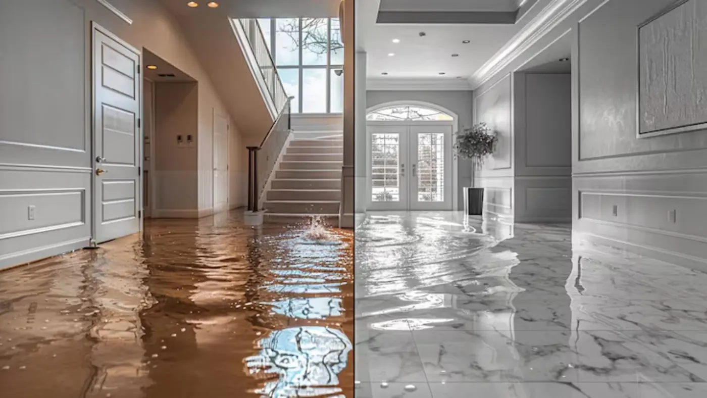 Hallway with a staircase and white trim, a thin layer of water reflecting on the floor