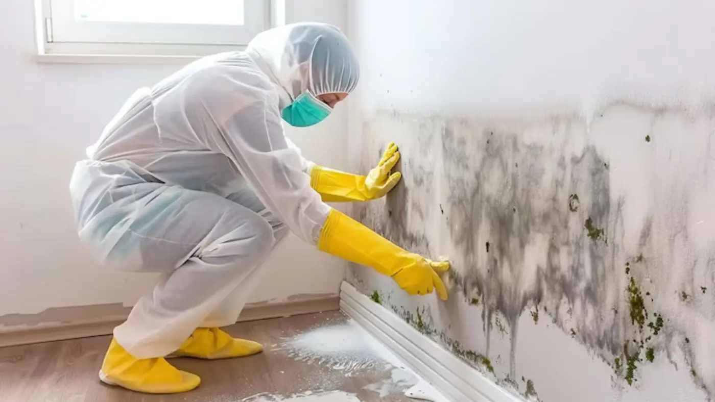 Worker in protective suit, mask and yellow gloves cleaning mold from a wall above the baseboard