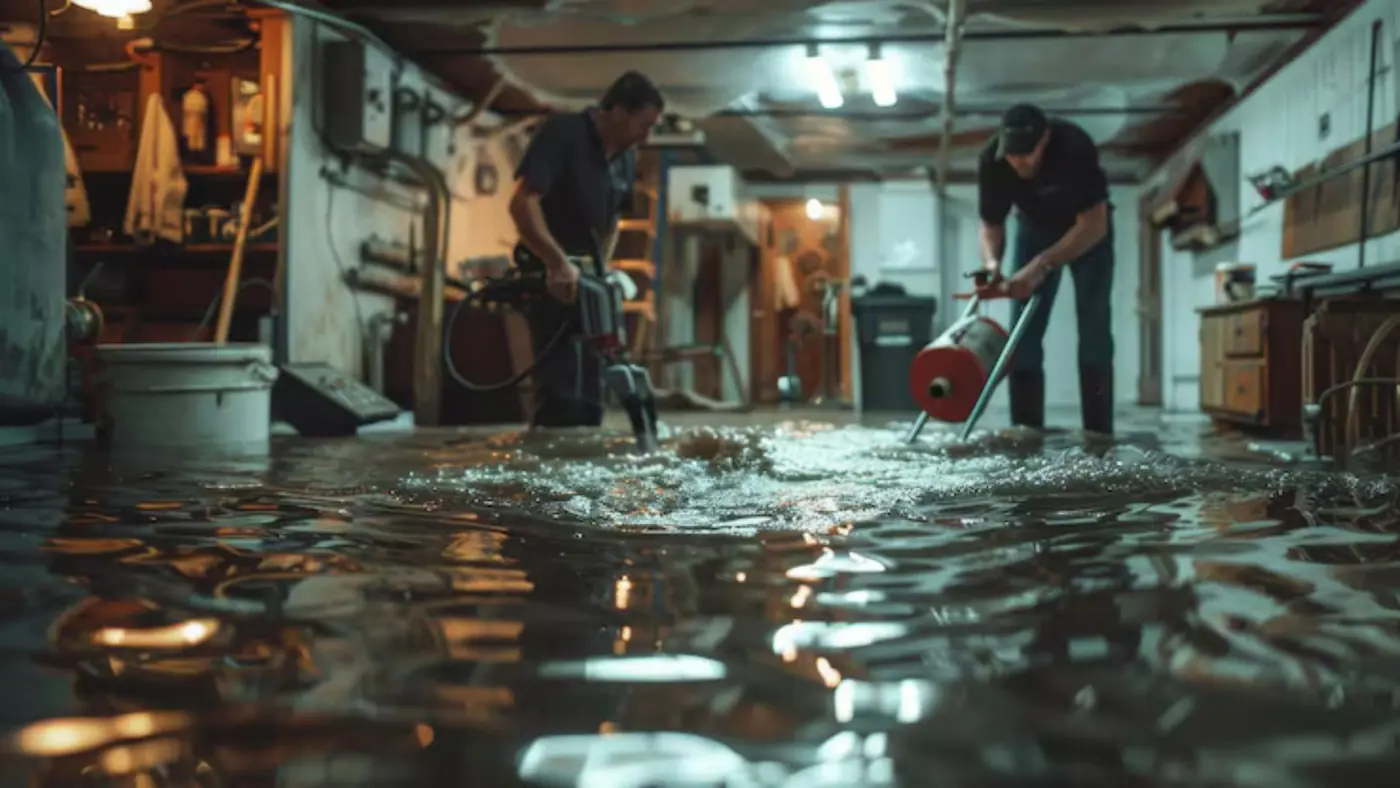 Two workers using extraction machines in a flooded basement